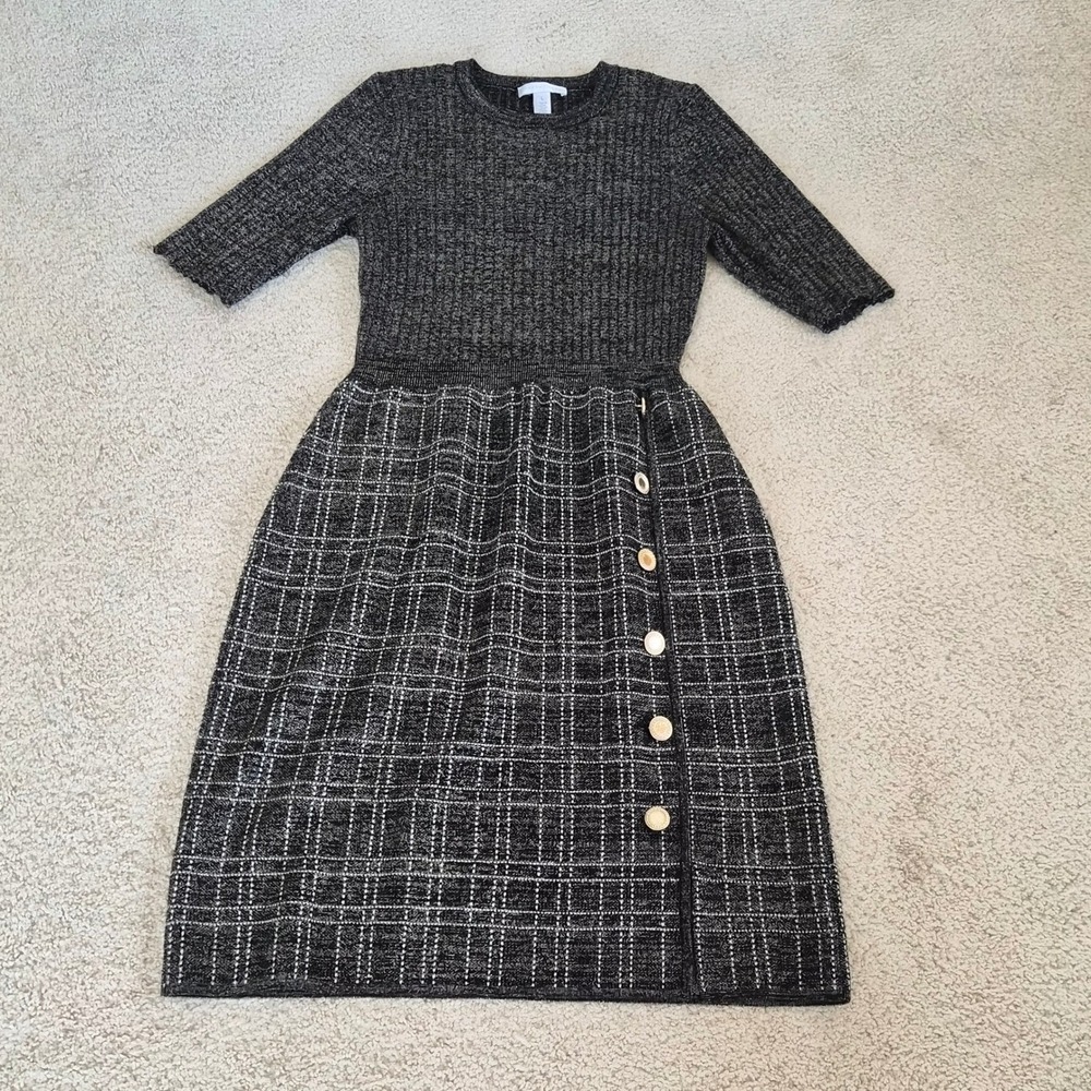 London Times Metallic Sweater Dress Large Black Plaid Button Dark Academia